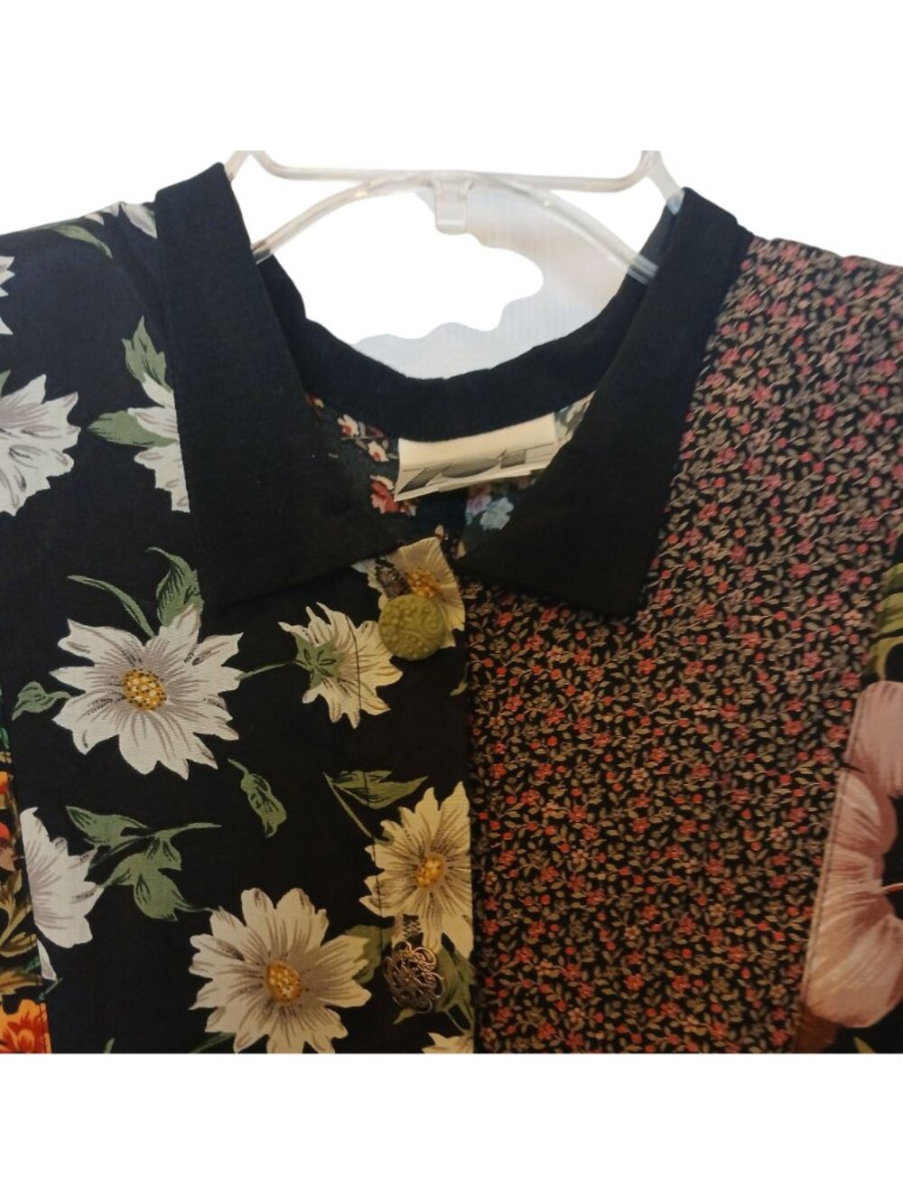 Zoe Patchwork Dress Large Button Maxi Dress Black Multicolor Rayon VTG #L70 - Picture 3 of 12